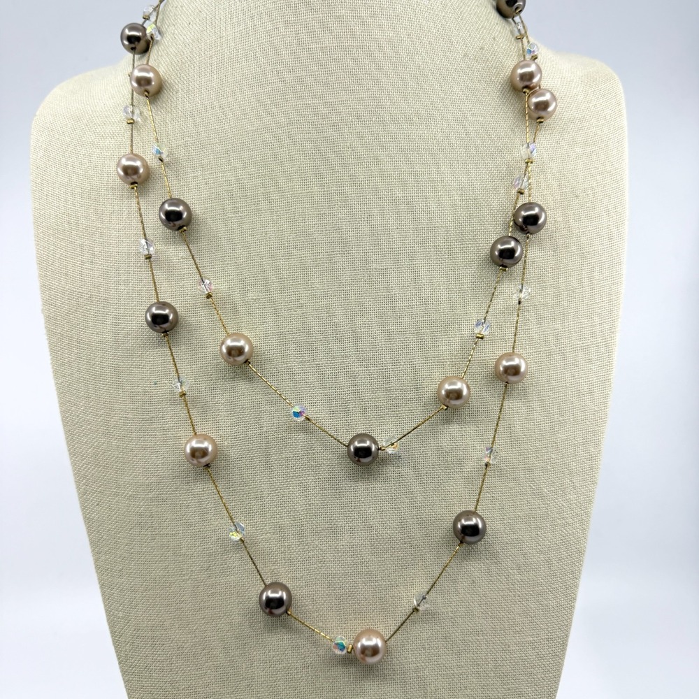 Elegant Multi-Layered Faux Pearl Necklace Neutral Tones Long Statement Jewelry